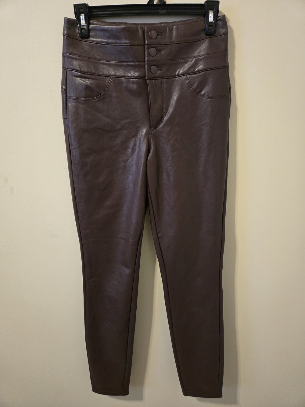 Suzy Shier High-Waist Faux Leather Jeggings - Dark Brown
